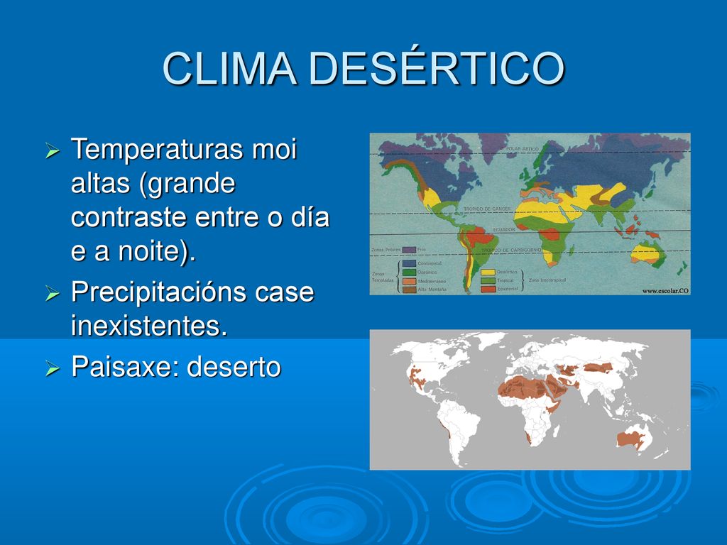 CLIMA DESÉRTICO Temperaturas moi altas (grande contraste entre o día e a noite). Precipitacións case inexistentes.