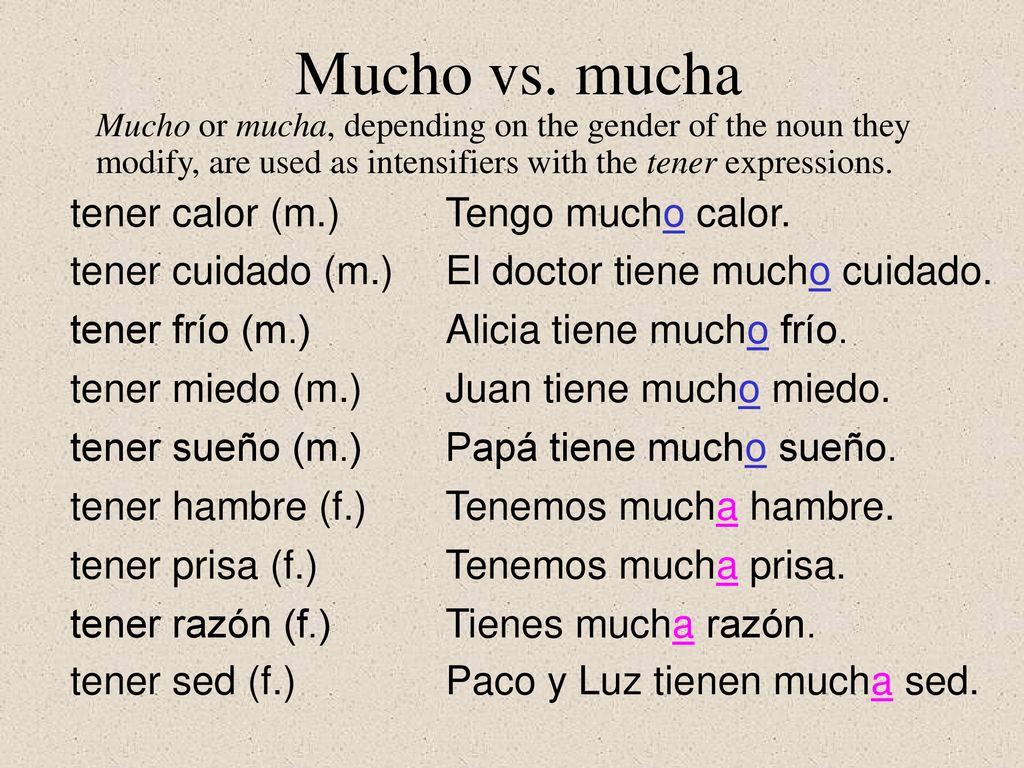 Mucho vs. mucha tener calor (m.) Tengo mucho calor. tener cuidado (m.)