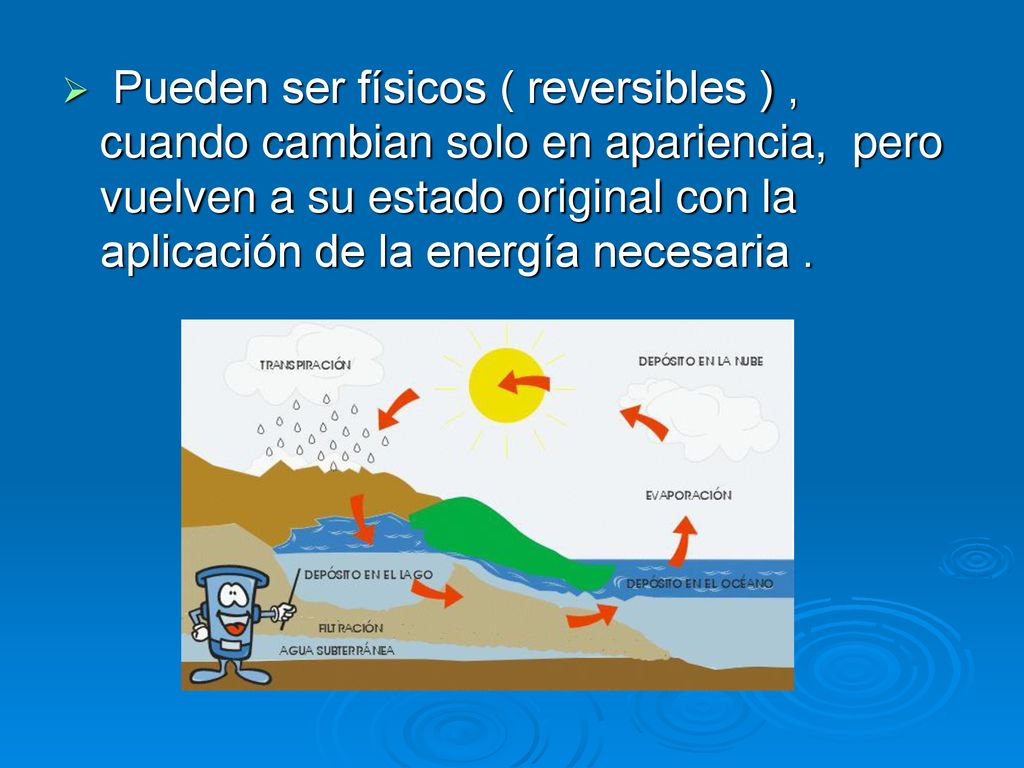 Pueden ser físicos ( reversibles ) , cuando cambian solo en apariencia, pero vuelven a su estado original con la aplicación de la energía necesaria .