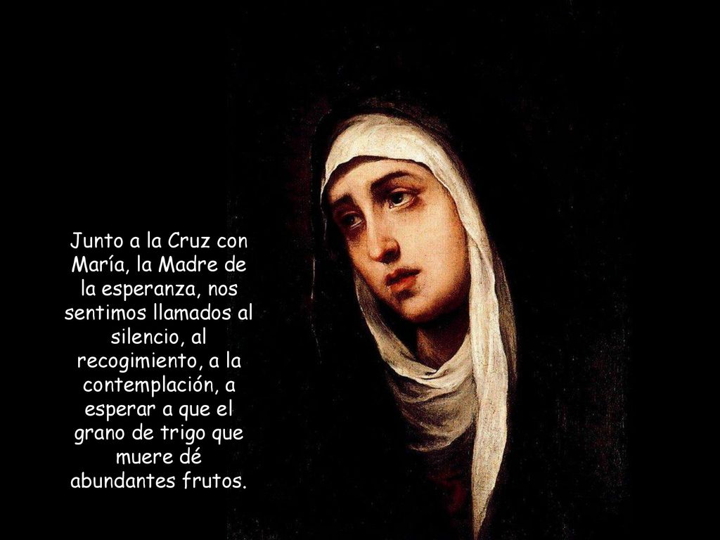 Junto a la Cruz con María, la Madre de la esperanza, nos sentimos llamados al silencio, al recogimiento, a la contemplación, a esperar a que el grano de trigo que muere dé abundantes frutos.