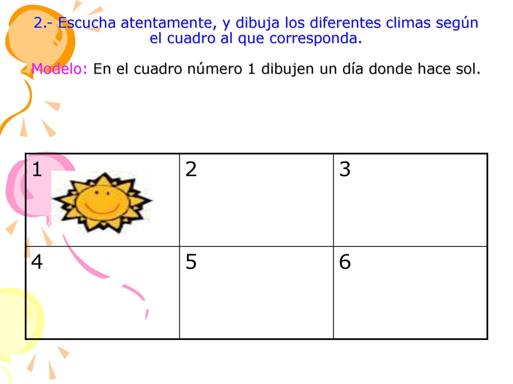 2.- Escucha atentamente, y dibuja los diferentes climas según el cuadro al que corresponda. Modelo: En el cuadro número 1 dibujen un día donde hace sol.