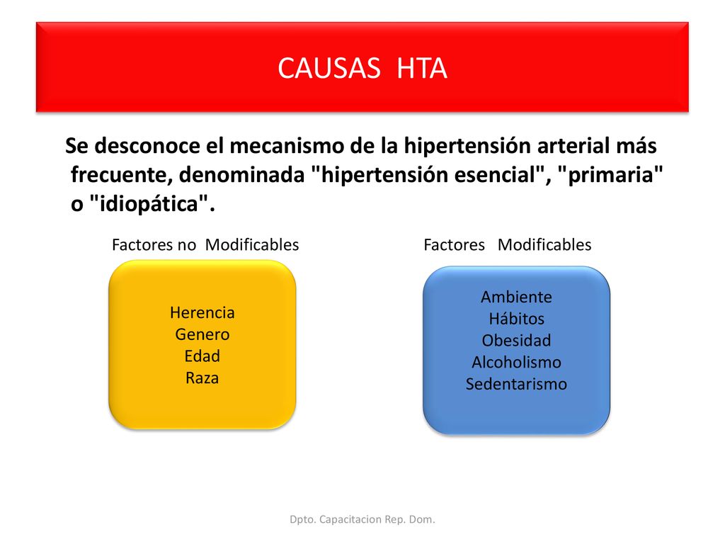 CAUSAS HTA Se desconoce el mecanismo de la hipertensión arterial más frecuente, denominada hipertensión esencial , primaria o idiopática .