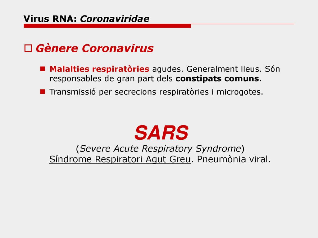 SARS Gènere Coronavirus Virus RNA: Coronaviridae