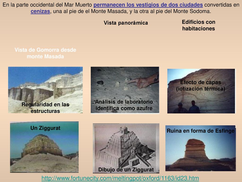 En la parte occidental del Mar Muerto permanecen los vestigios de dos ciudades convertidas en cenizas, una al pie de el Monte Masada, y la otra al pie del Monte Sodoma.