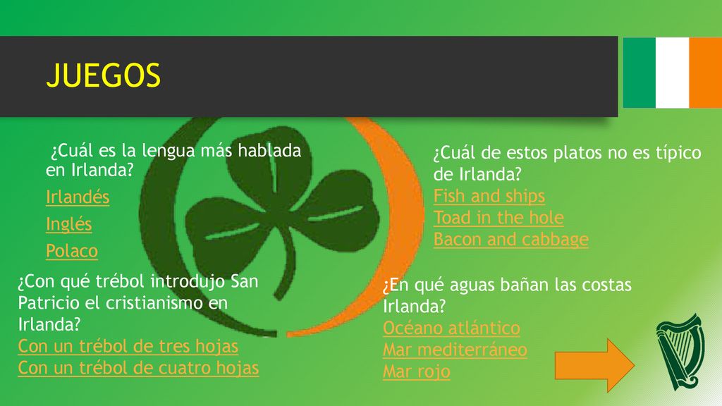 JUEGOS ¿Cuál es la lengua más hablada en Irlanda Irlandés Inglés Polaco ¿Cuál de estos platos no es típico de Irlanda