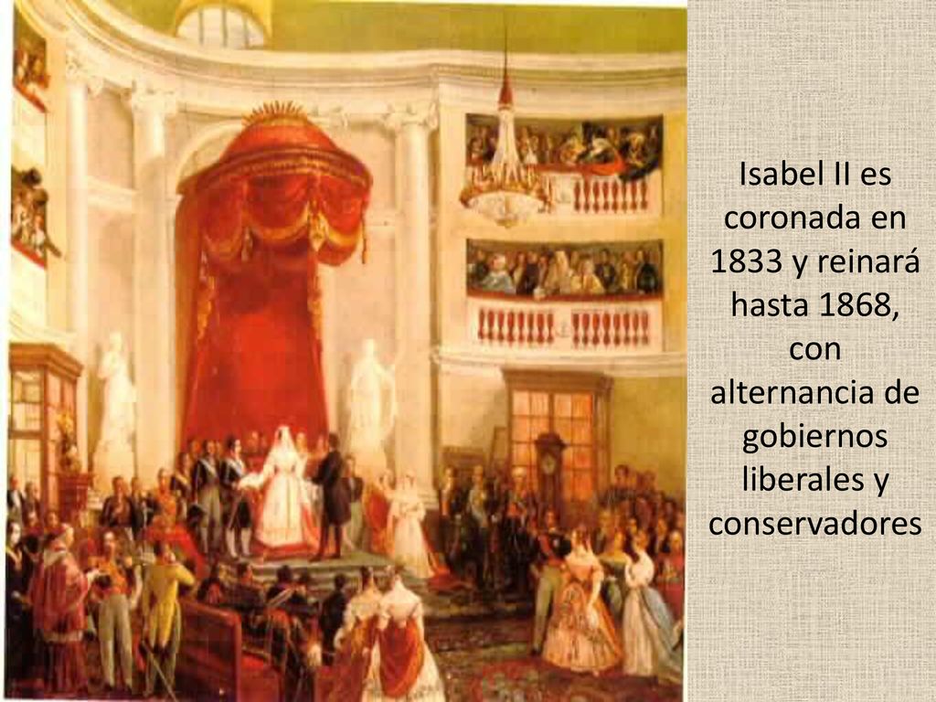 Isabel II es coronada en 1833 y reinará hasta 1868, con alternancia de gobiernos liberales y conservadores