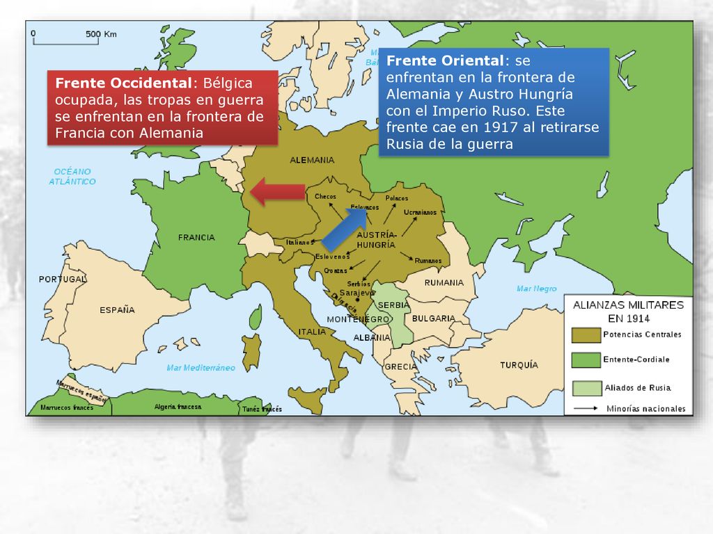 Frente Oriental: se enfrentan en la frontera de Alemania y Austro Hungría con el Imperio Ruso. Este frente cae en 1917 al retirarse Rusia de la guerra