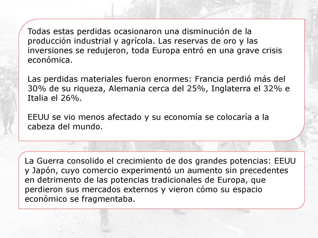 Todas estas perdidas ocasionaron una disminución de la producción industrial y agrícola. Las reservas de oro y las inversiones se redujeron, toda Europa entró en una grave crisis económica.