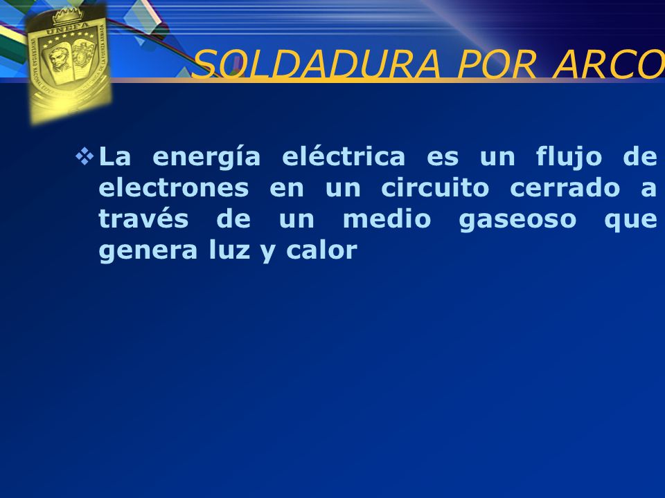 SOLDADURA POR ARCO La energía eléctrica es un flujo de electrones en un circuito cerrado a través de un medio gaseoso que genera luz y calor.