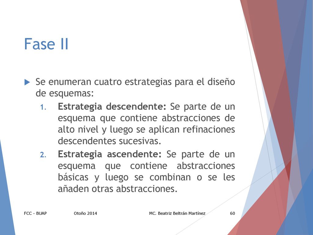 Fase II Se enumeran cuatro estrategias para el diseño de esquemas: