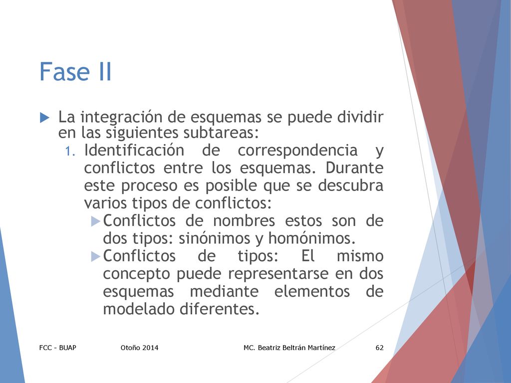 Fase II La integración de esquemas se puede dividir en las siguientes subtareas: