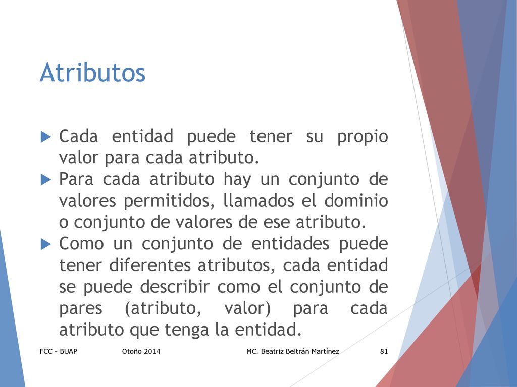 Atributos Cada entidad puede tener su propio valor para cada atributo.