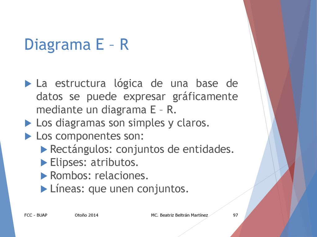 Diagrama E – R La estructura lógica de una base de datos se puede expresar gráficamente mediante un diagrama E – R.