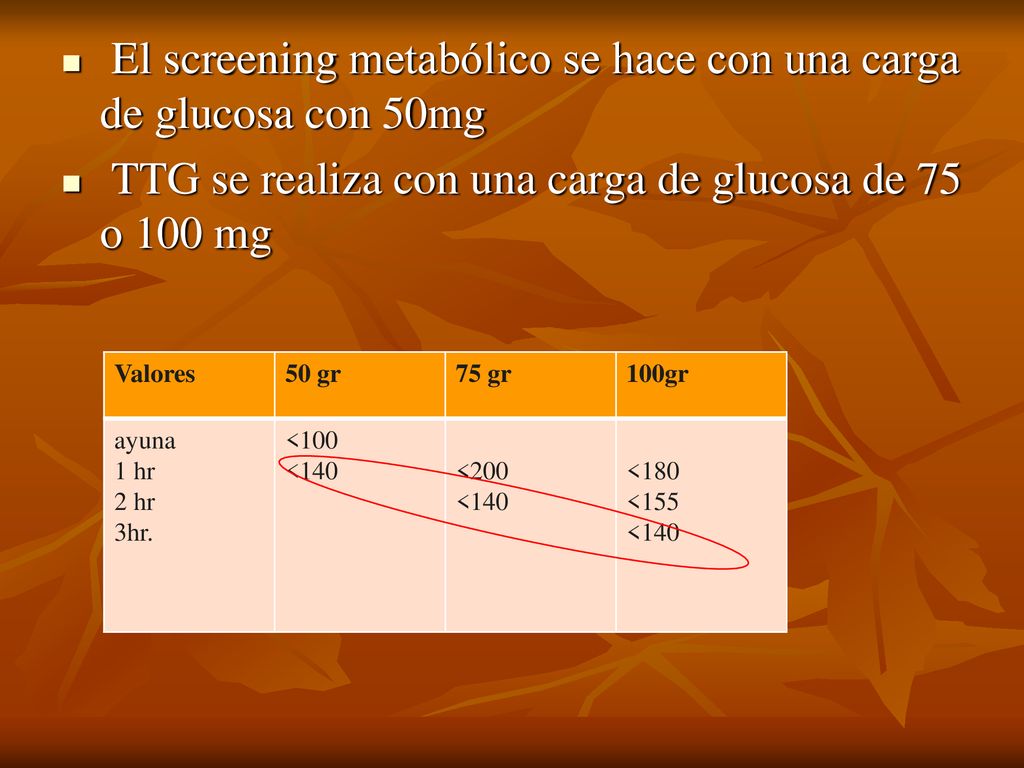 El screening metabólico se hace con una carga de glucosa con 50mg