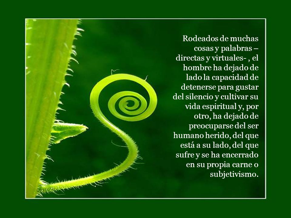Rodeados de muchas cosas y palabras –directas y virtuales- , el hombre ha dejado de lado la capacidad de detenerse para gustar del silencio y cultivar su vida espiritual y, por otro, ha dejado de preocuparse del ser humano herido, del que está a su lado, del que sufre y se ha encerrado en su propia carne o subjetivismo.