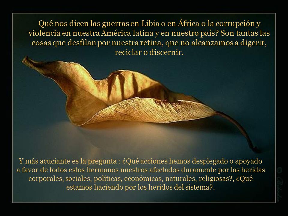 Qué nos dicen las guerras en Libia o en África o la corrupción y violencia en nuestra América latina y en nuestro país Son tantas las cosas que desfilan por nuestra retina, que no alcanzamos a digerir, reciclar o discernir.