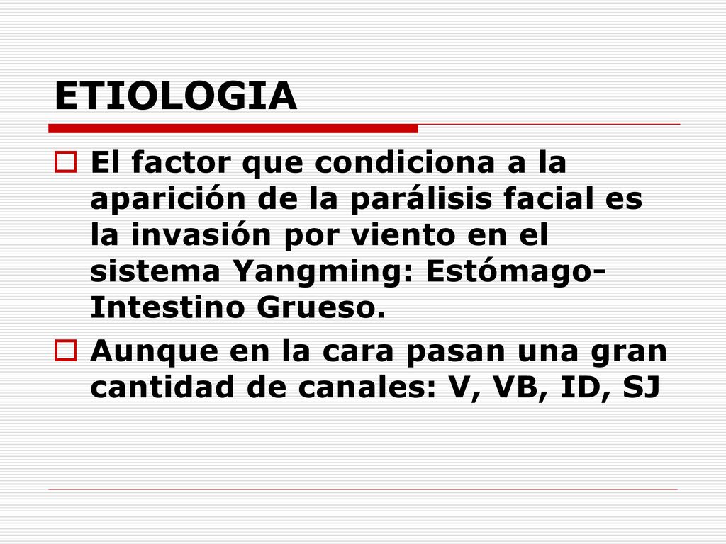 ETIOLOGIA El factor que condiciona a la aparición de la parálisis facial es la invasión por viento en el sistema Yangming: Estómago-Intestino Grueso.