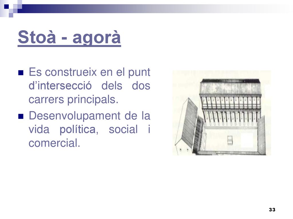 Stoà - agorà Es construeix en el punt d’intersecció dels dos carrers principals.