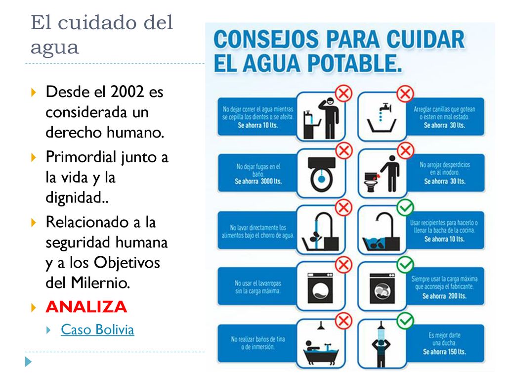El cuidado del agua Desde el 2002 es considerada un derecho humano.
