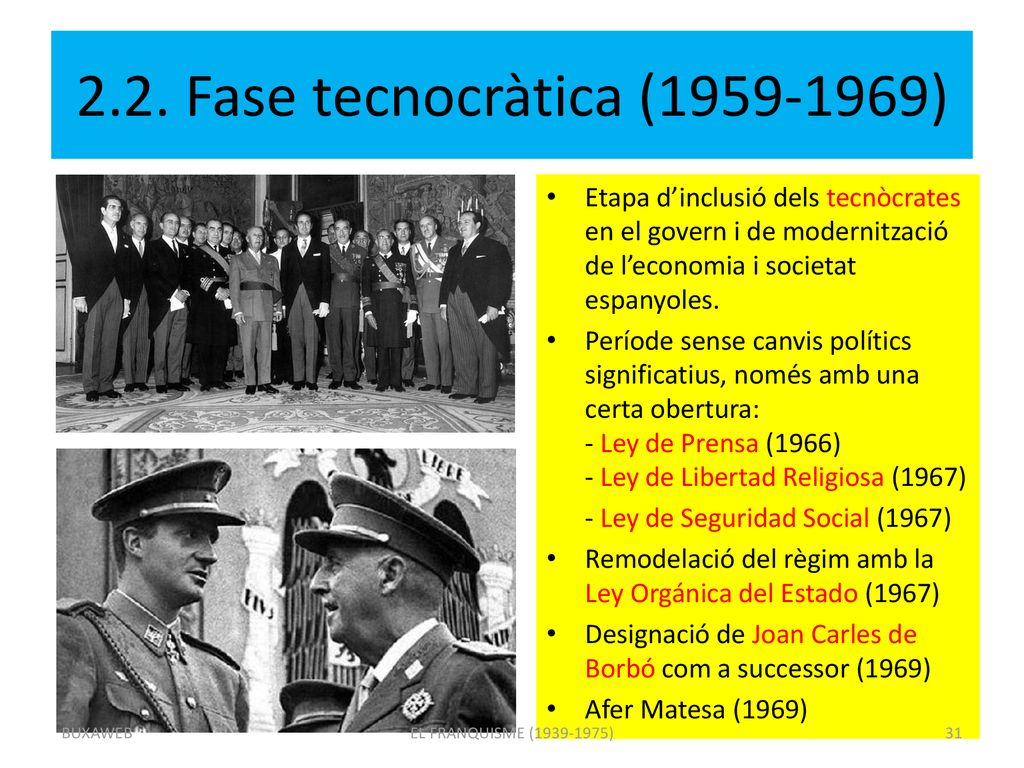 2.2. Fase tecnocràtica ( ) Etapa d’inclusió dels tecnòcrates en el govern i de modernització de l’economia i societat espanyoles.