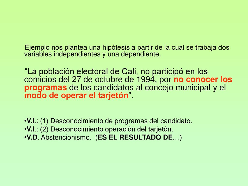 Ejemplo nos plantea una hipótesis a partir de la cual se trabaja dos variables independientes y una dependiente.