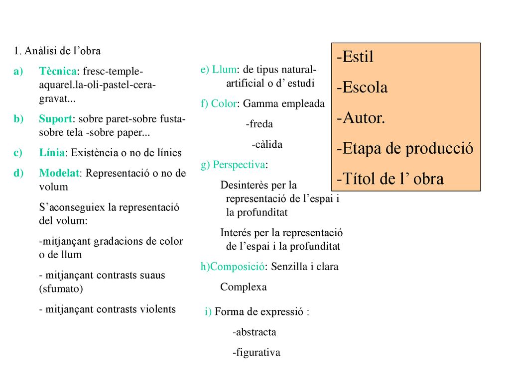 -Estil -Escola -Autor. -Etapa de producció -Títol de l’ obra