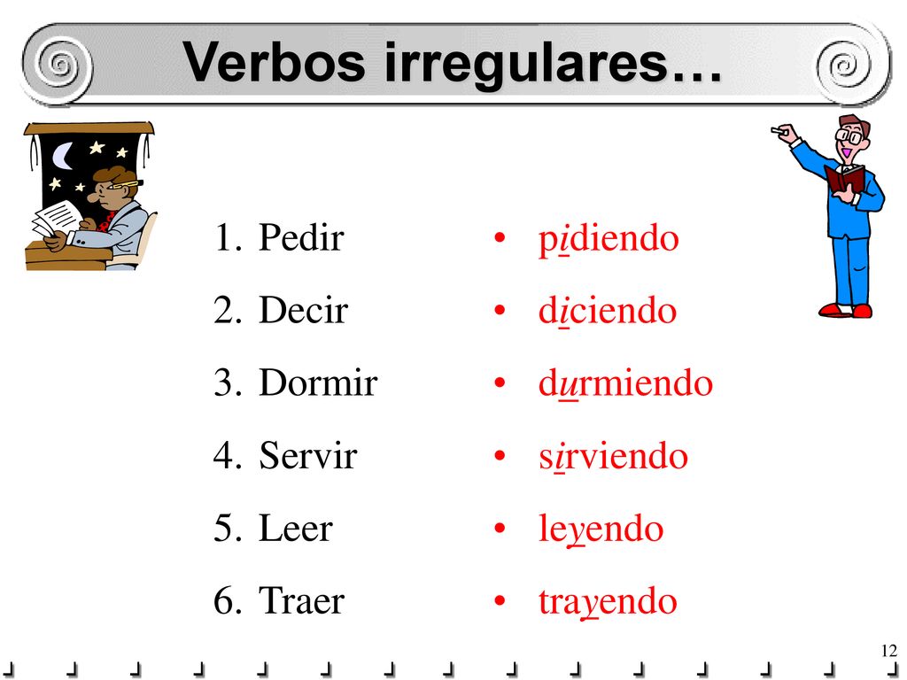 Verbos irregulares… Pedir Decir Dormir Servir Leer Traer pidiendo