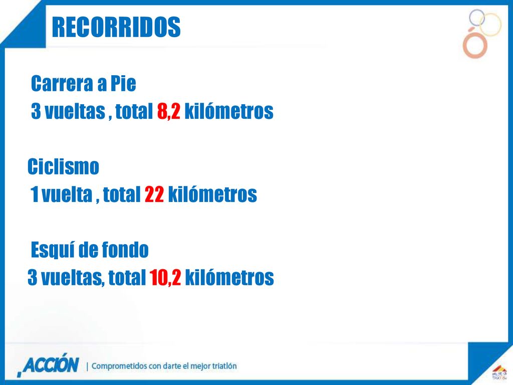 recorridos Carrera a Pie 3 vueltas , total 8,2 kilómetros Ciclismo