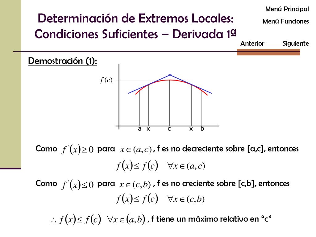 Menú Principal Determinación de Extremos Locales: Condiciones Suficientes – Derivada 1ª. Menú Funciones.