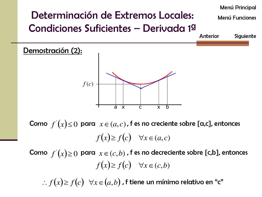 Menú Principal Determinación de Extremos Locales: Condiciones Suficientes – Derivada 1ª. Menú Funciones.