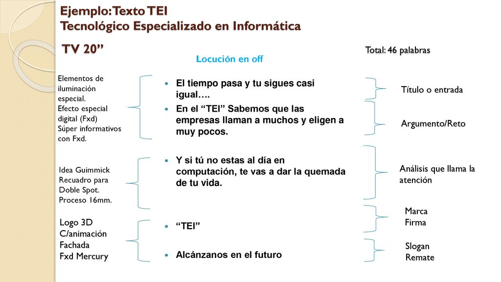 Ejemplo: Texto TEI Tecnológico Especializado en Informática TV 20 Total: 46 palabras