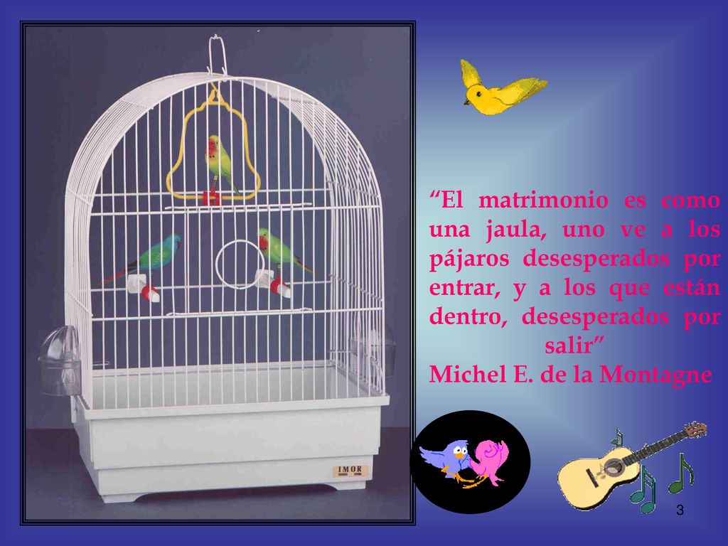 El matrimonio es como una jaula, uno ve a los pájaros desesperados por entrar, y a los que están dentro, desesperados por salir Michel E.