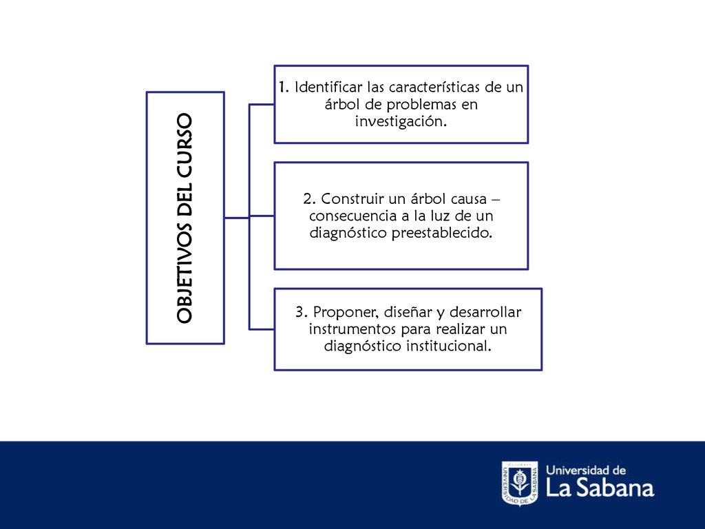 OBJETIVOS DEL CURSO 1. Identificar las características de un árbol de problemas en investigación.