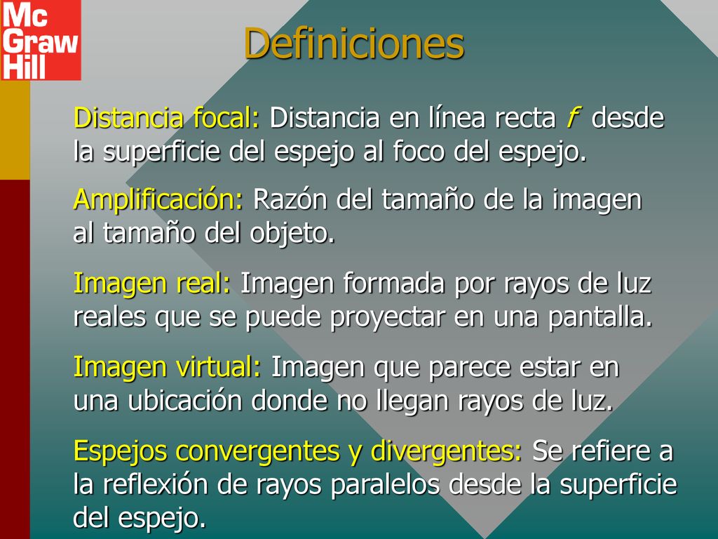 Definiciones Distancia focal: Distancia en línea recta f desde la superficie del espejo al foco del espejo.