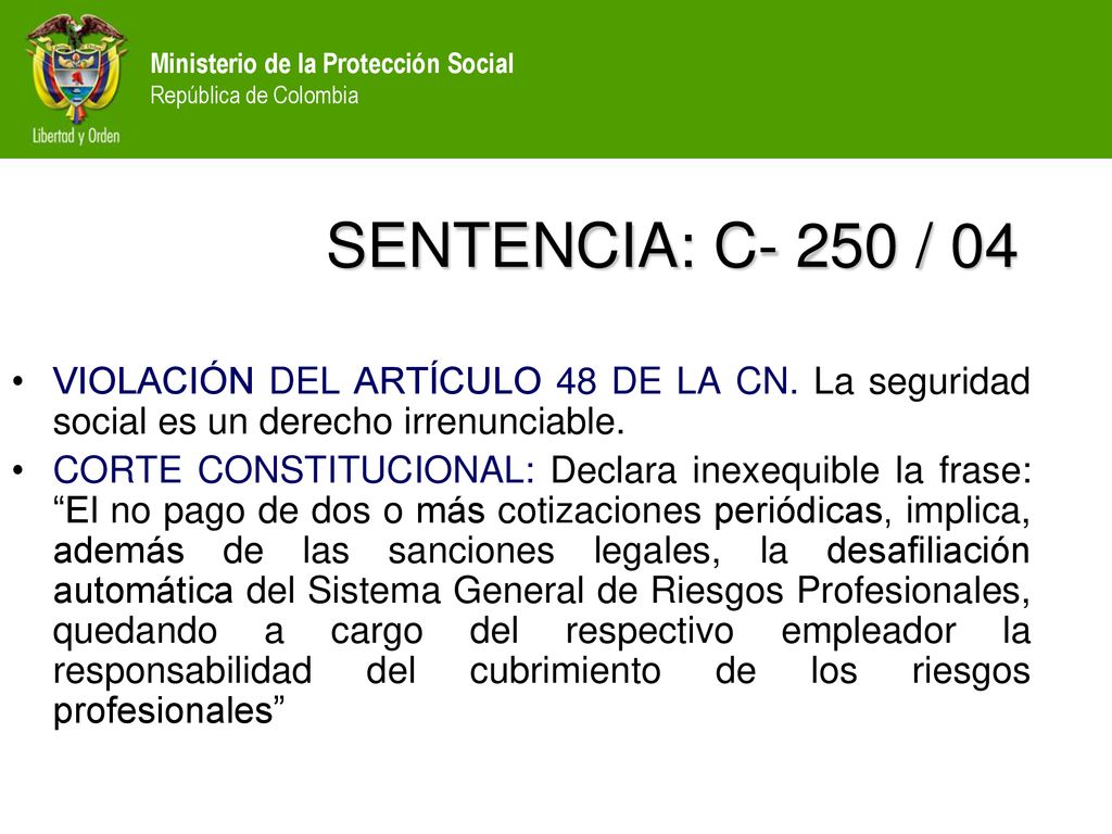 SENTENCIA: C- 250 / 04 VIOLACIÓN DEL ARTÍCULO 48 DE LA CN. La seguridad social es un derecho irrenunciable.