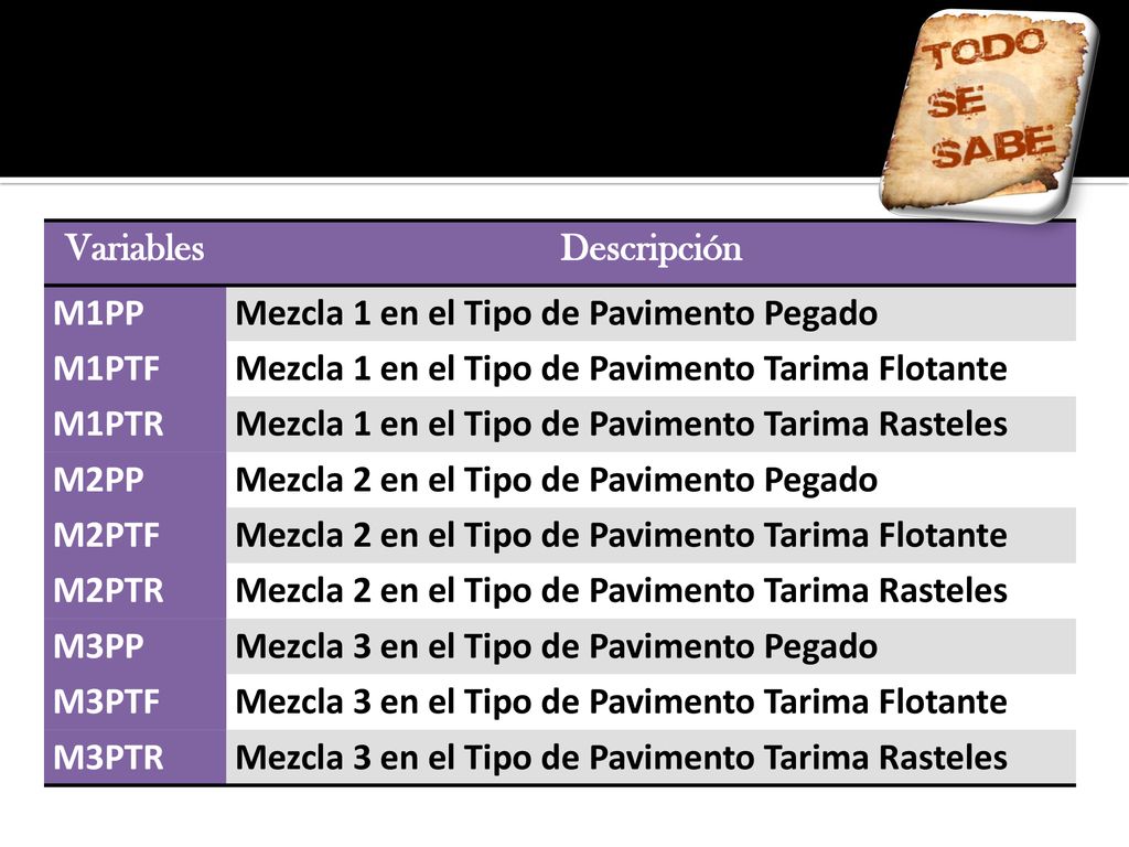 Variables Descripción. M1PP. Mezcla 1 en el Tipo de Pavimento Pegado. M1PTF. Mezcla 1 en el Tipo de Pavimento Tarima Flotante.