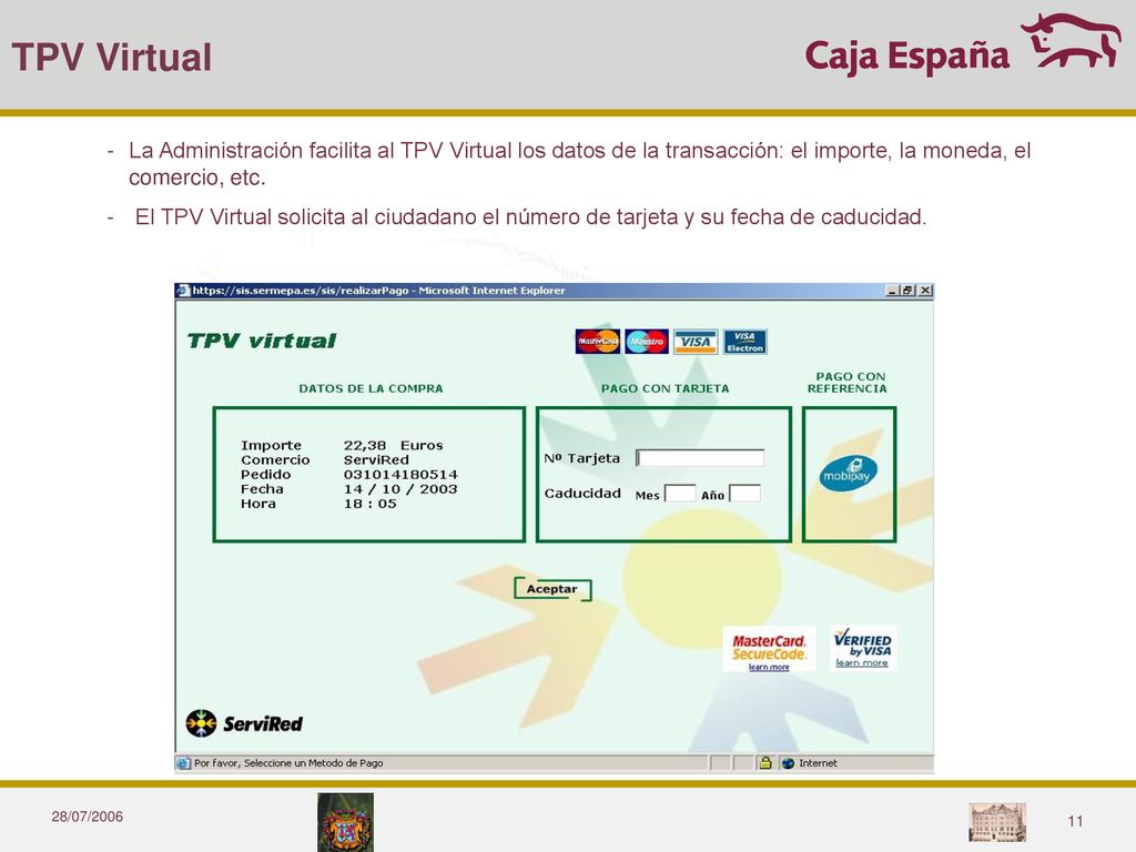TPV Virtual La Administración facilita al TPV Virtual los datos de la transacción: el importe, la moneda, el comercio, etc.