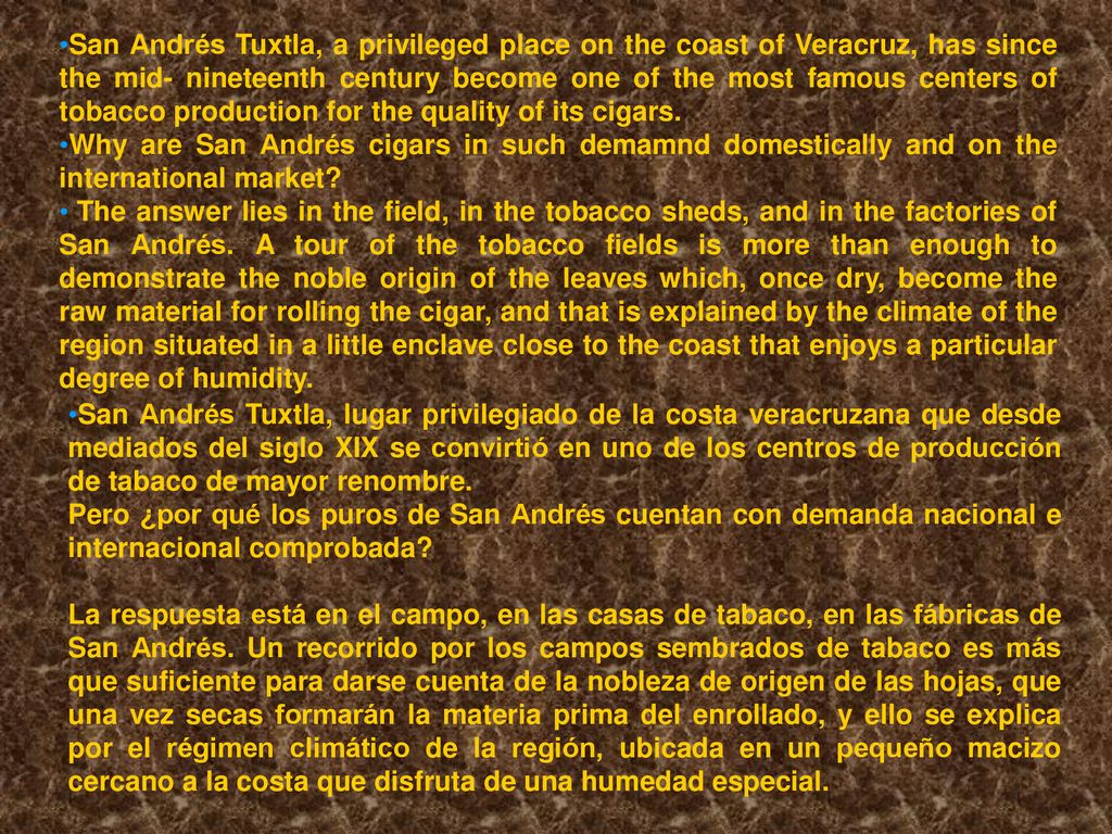 San Andrés Tuxtla, a privileged place on the coast of Veracruz, has since the mid- nineteenth century become one of the most famous centers of tobacco production for the quality of its cigars.