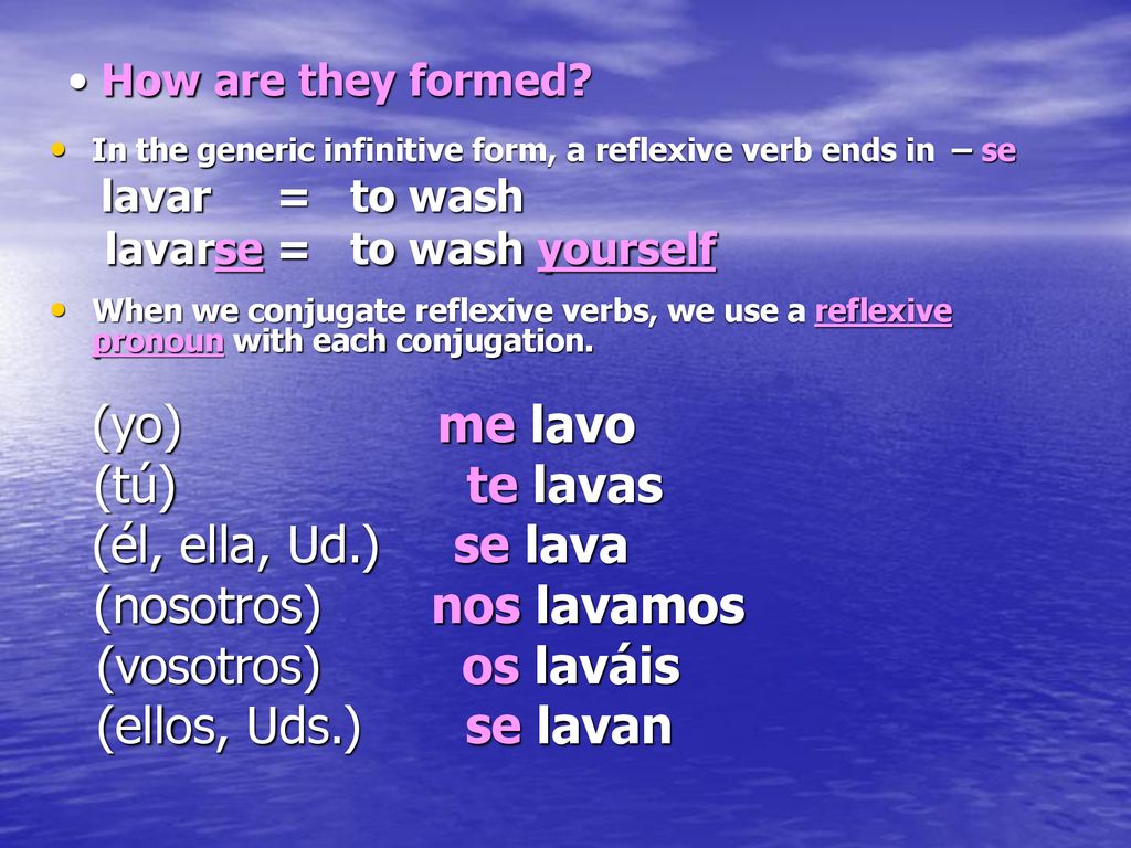 (nosotros) nos lavamos (vosotros) os laváis (ellos, Uds.) se lavan