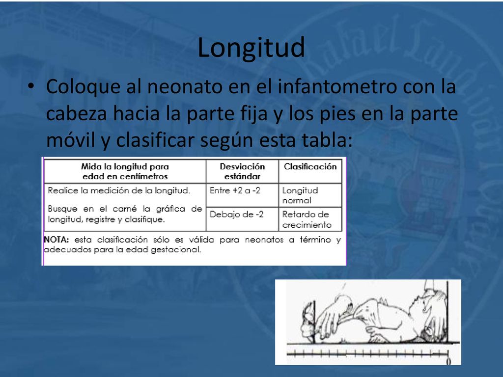 Longitud Coloque al neonato en el infantometro con la cabeza hacia la parte fija y los pies en la parte móvil y clasificar según esta tabla:
