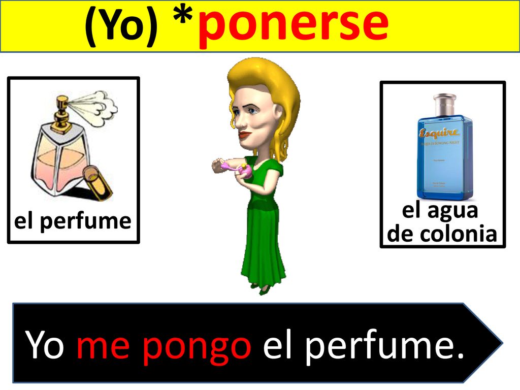 (Yo) *ponerse el perfume el agua de colonia . Yo me pongo el perfume.