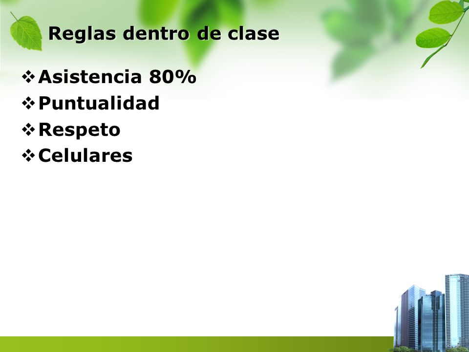 Reglas dentro de clase Asistencia 80% Puntualidad Respeto Celulares