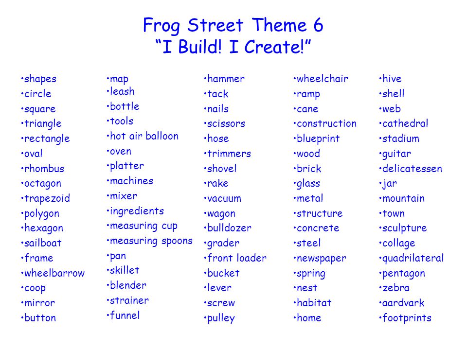 Frog Street Theme 6 I Build! I Create! shapes circle square triangle