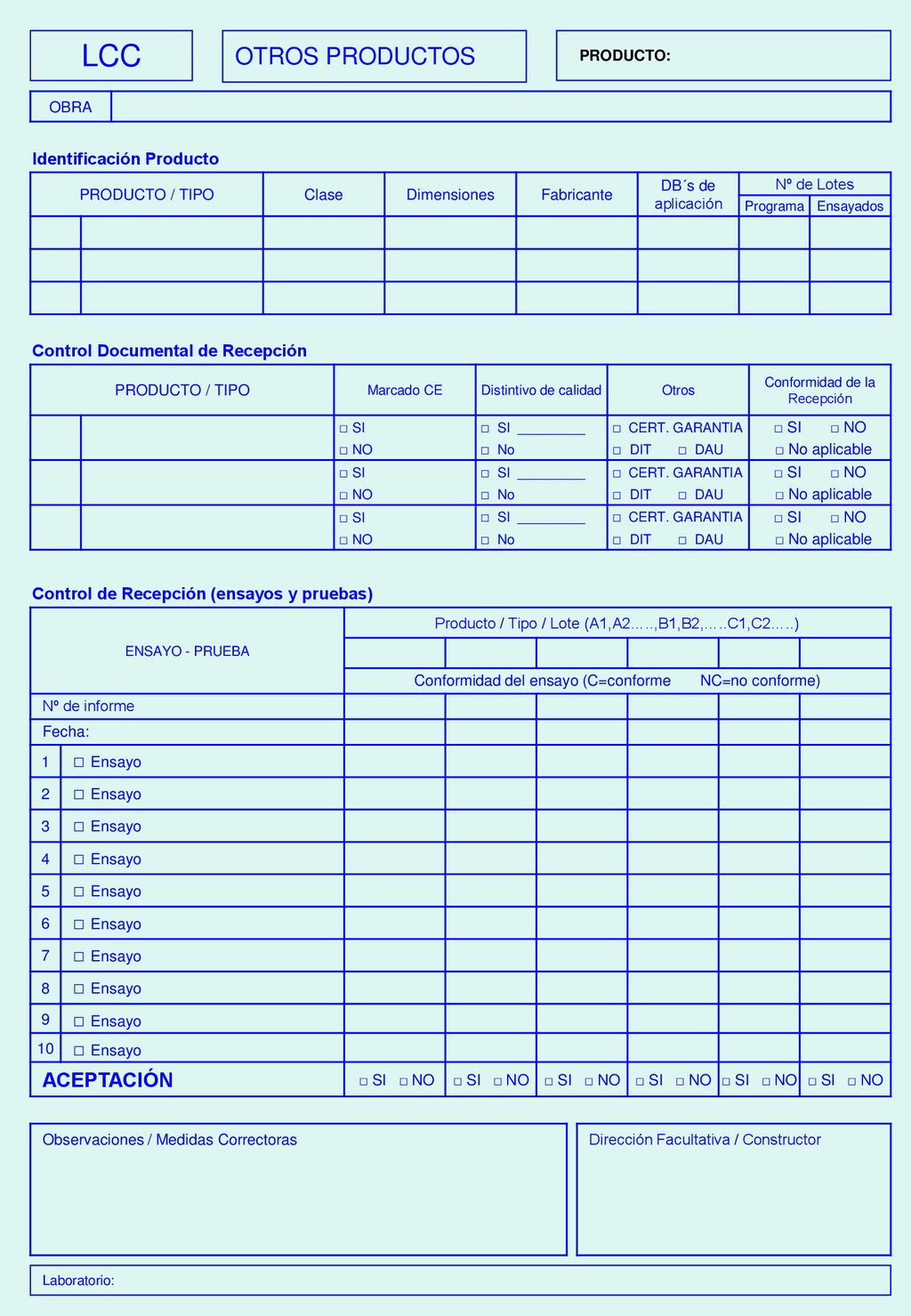 LCC OTROS PRODUCTOS □ Ensayo ACEPTACIÓN Identificación Producto