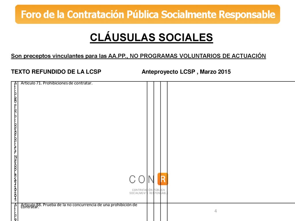 CLÁUSULAS SOCIALES Son preceptos vinculantes para las AA.PP., NO PROGRAMAS VOLUNTARIOS DE ACTUACIÓN.
