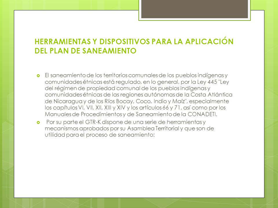 HERRAMIENTAS Y DISPOSITIVOS PARA LA APLICACIÓN DEL PLAN DE SANEAMIENTO