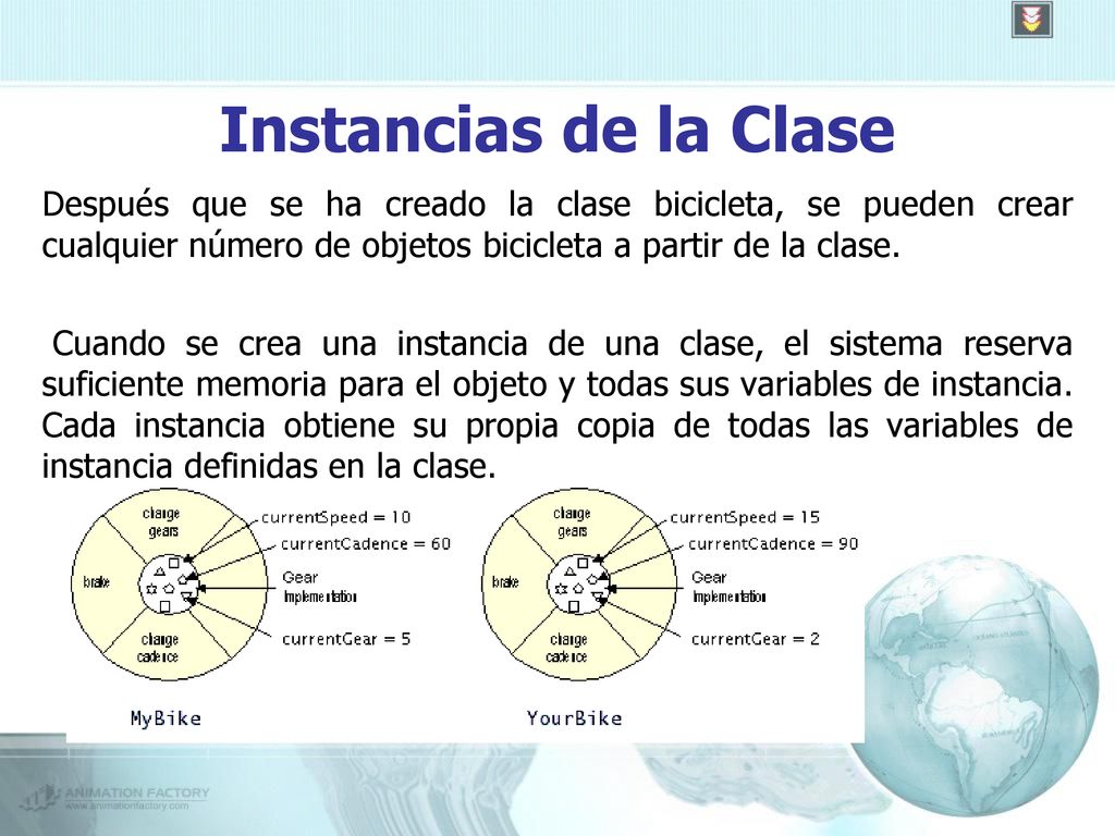 Instancias de la Clase Después que se ha creado la clase bicicleta, se pueden crear cualquier número de objetos bicicleta a partir de la clase.