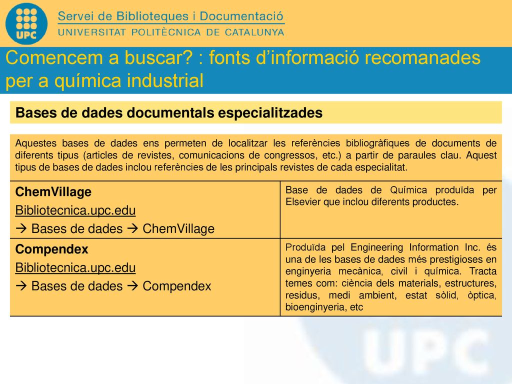 Comencem a buscar : fonts d’informació recomanades per a química industrial