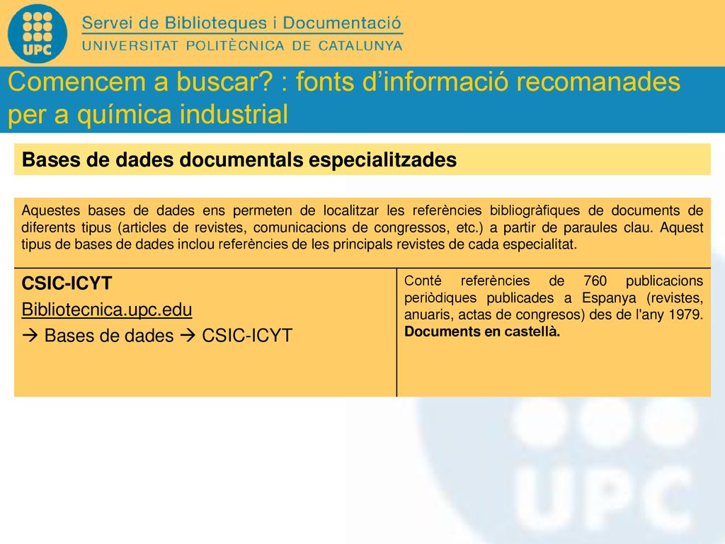 Comencem a buscar : fonts d’informació recomanades per a química industrial