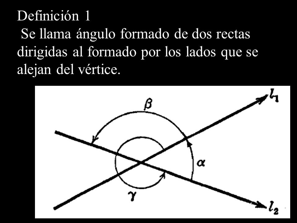 Definición 1 Se llama ángulo formado de dos rectas dirigidas al formado por los lados que se alejan del vértice.